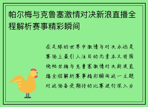 帕尔梅与克鲁塞激情对决新浪直播全程解析赛事精彩瞬间